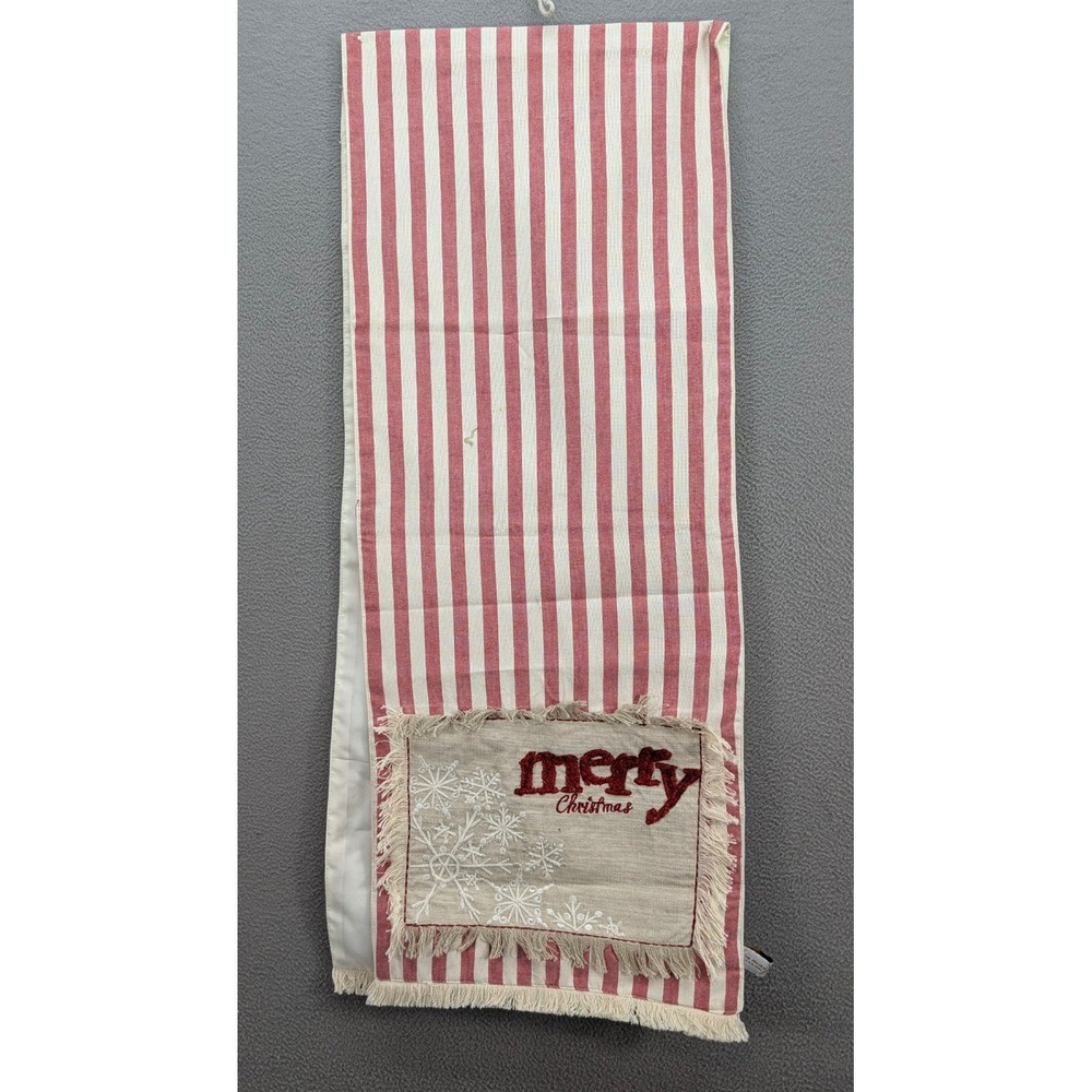 The Prairie Striped Merry Christmas Table Runner Embroidered Fringed 15.5x76